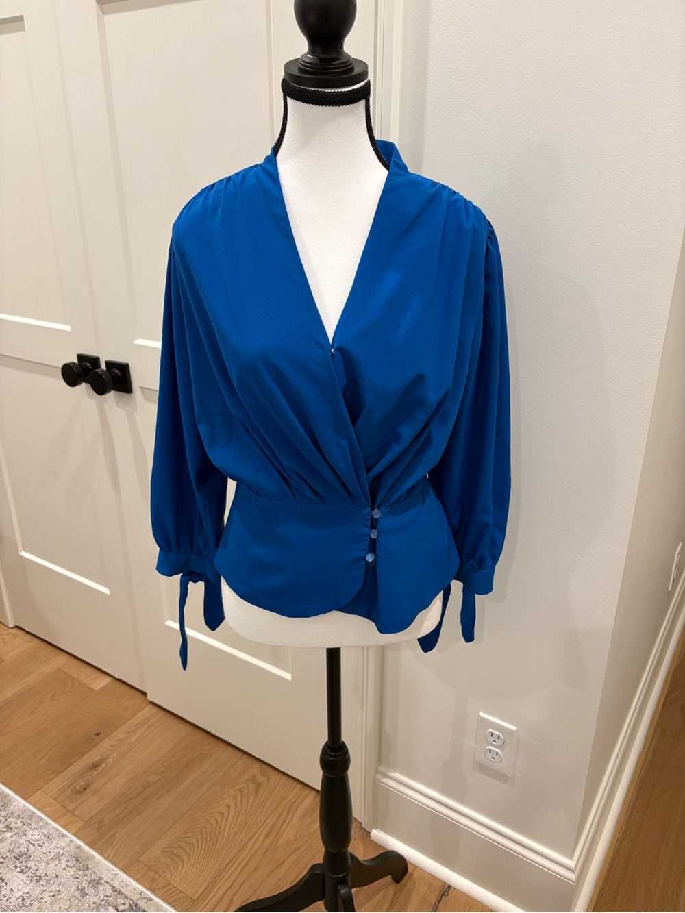 New York & Company Cobalt Blue Draped Wrap Blouse
